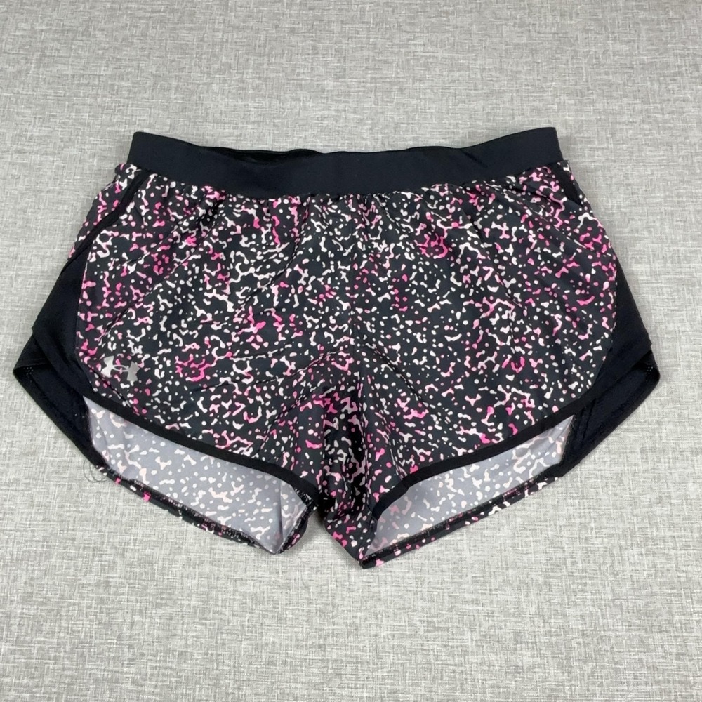 Under Armour Running Shorts Womens Large Black Pink Print 3 In Lined HeatGear